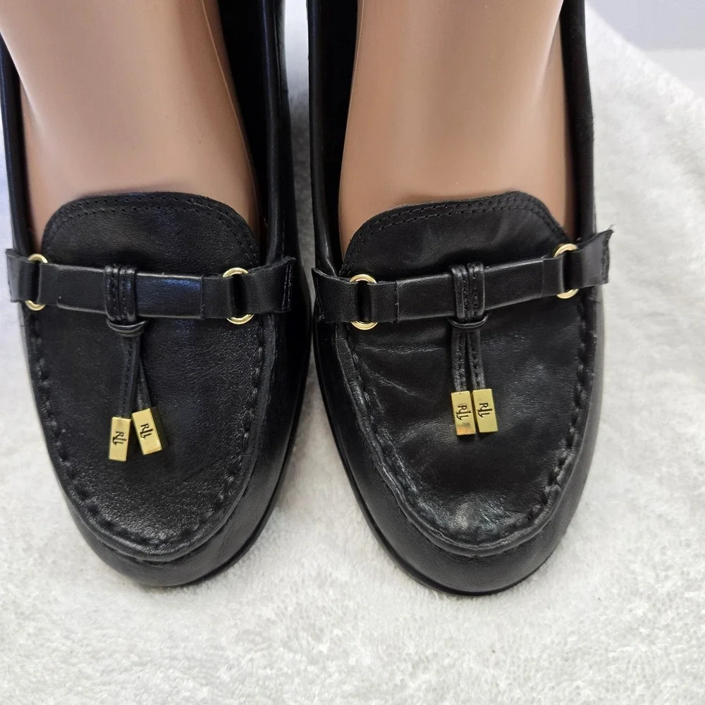 Lauren Ralph Lauren Rory Black  Leather Tassel Loafer Wedge Heels Women 9.5 B
